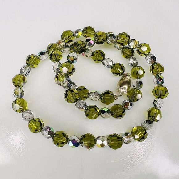 Vintage Art Glass Necklace Crystal Olive Green Clear AB Sterling Silver 4722 - Picture 4 of 13